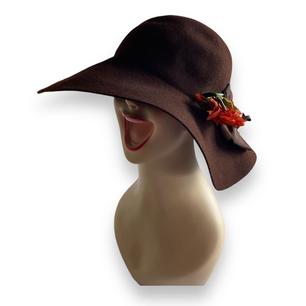 1980’s Floppy Brim 100% Wool Vintage Hat Betmar Ny&Paris Large Brim Flower Trim - Picture 4 of 15